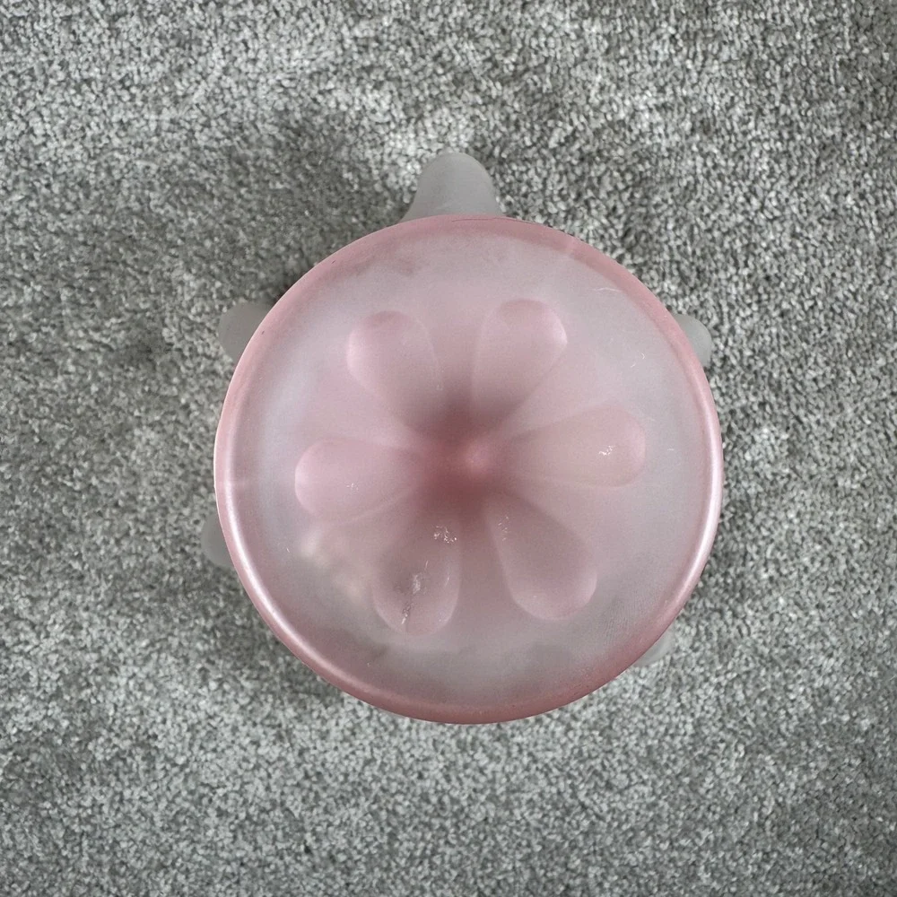 Viking Glass Ruffled Pedestal Bowl Pink Frosted Satin Floral Handkerchief Vase